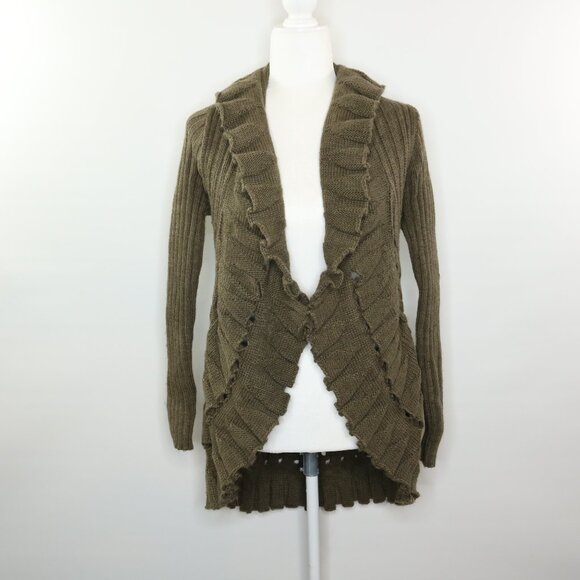 John Fashion Cardigan Sweater Open Front Draped Ruffles Knit Green Brown - Picture 11 of 11